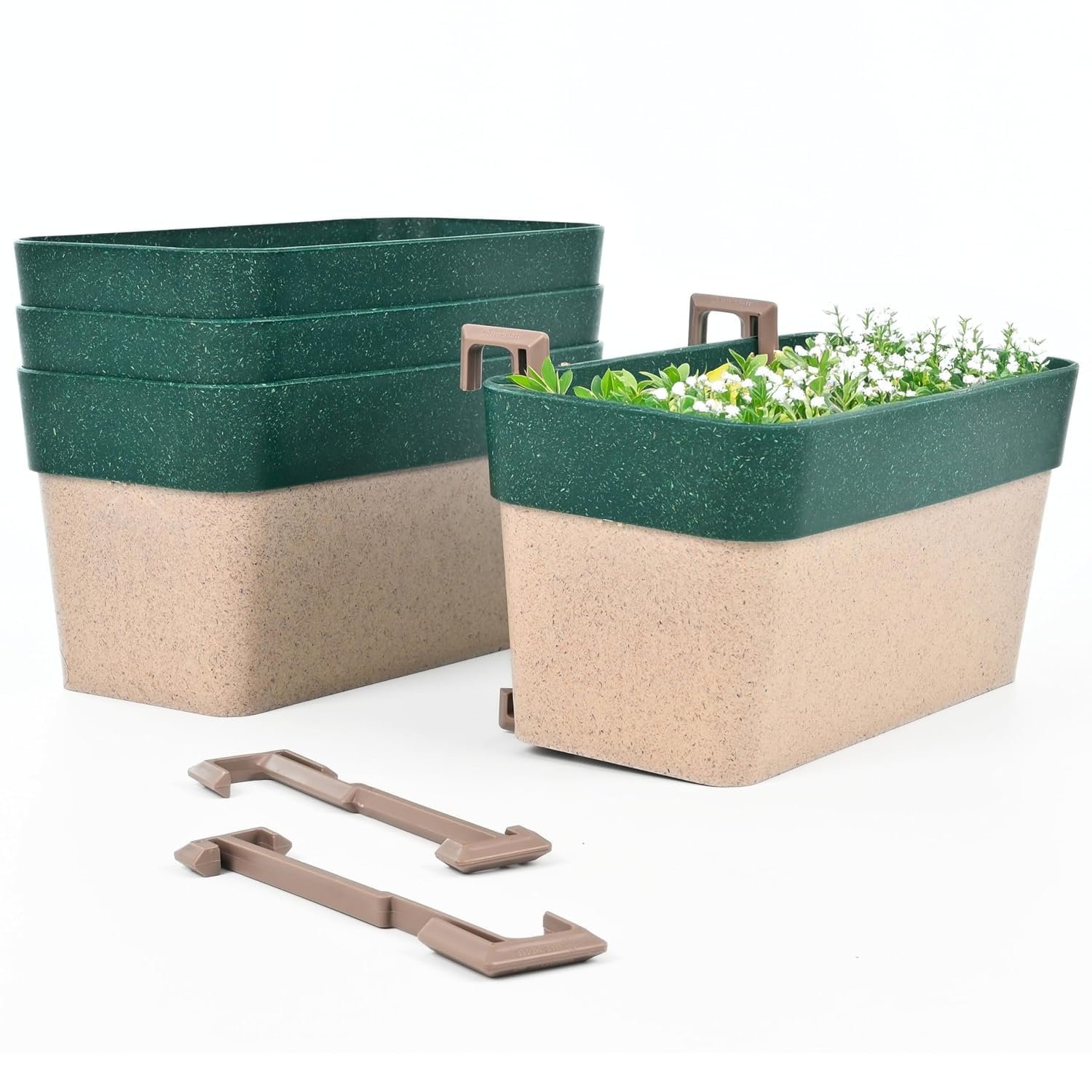 Arty Rectangle Balcony Railing Planters, Cream Red, Set of 4 with Hangers (ECO GREEN)