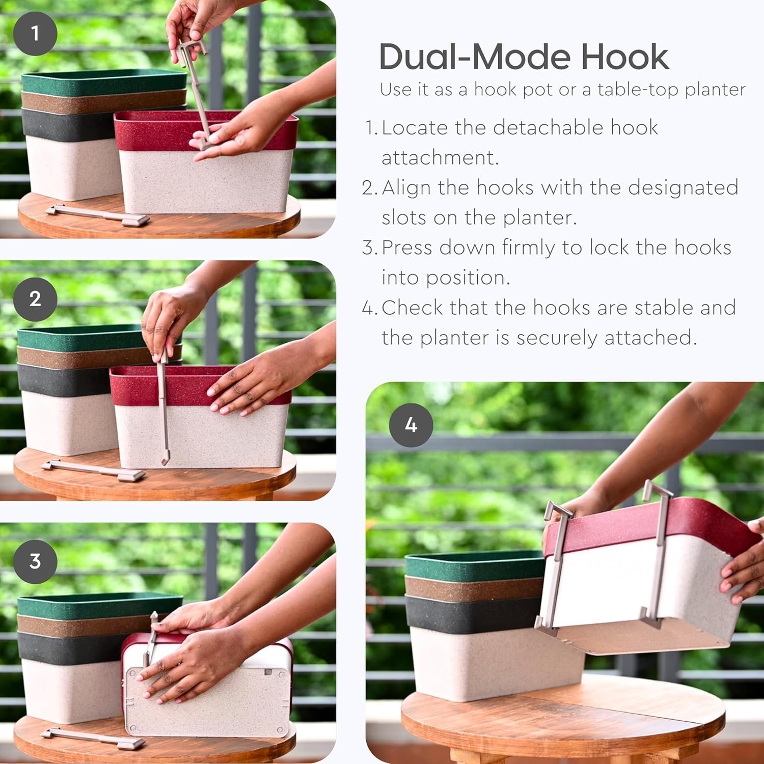 Arty Rectangle Balcony Railing Planters, Cream Red, Set of 4 with Hangers (ECO GREEN) - Image 2