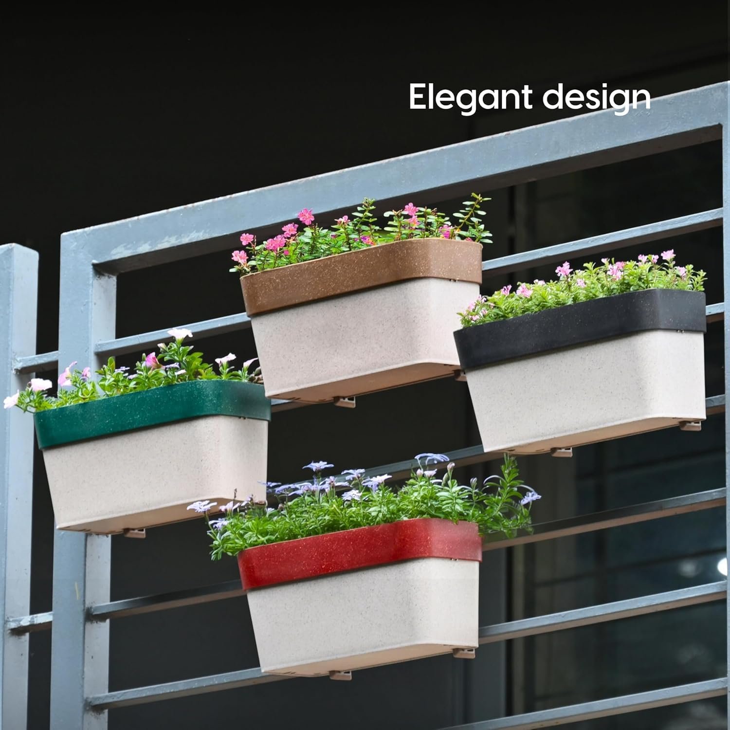 Arty Rectangle Balcony Railing Planters, Cream Red, Set of 4 with Hangers (ECO GREEN) - Image 3